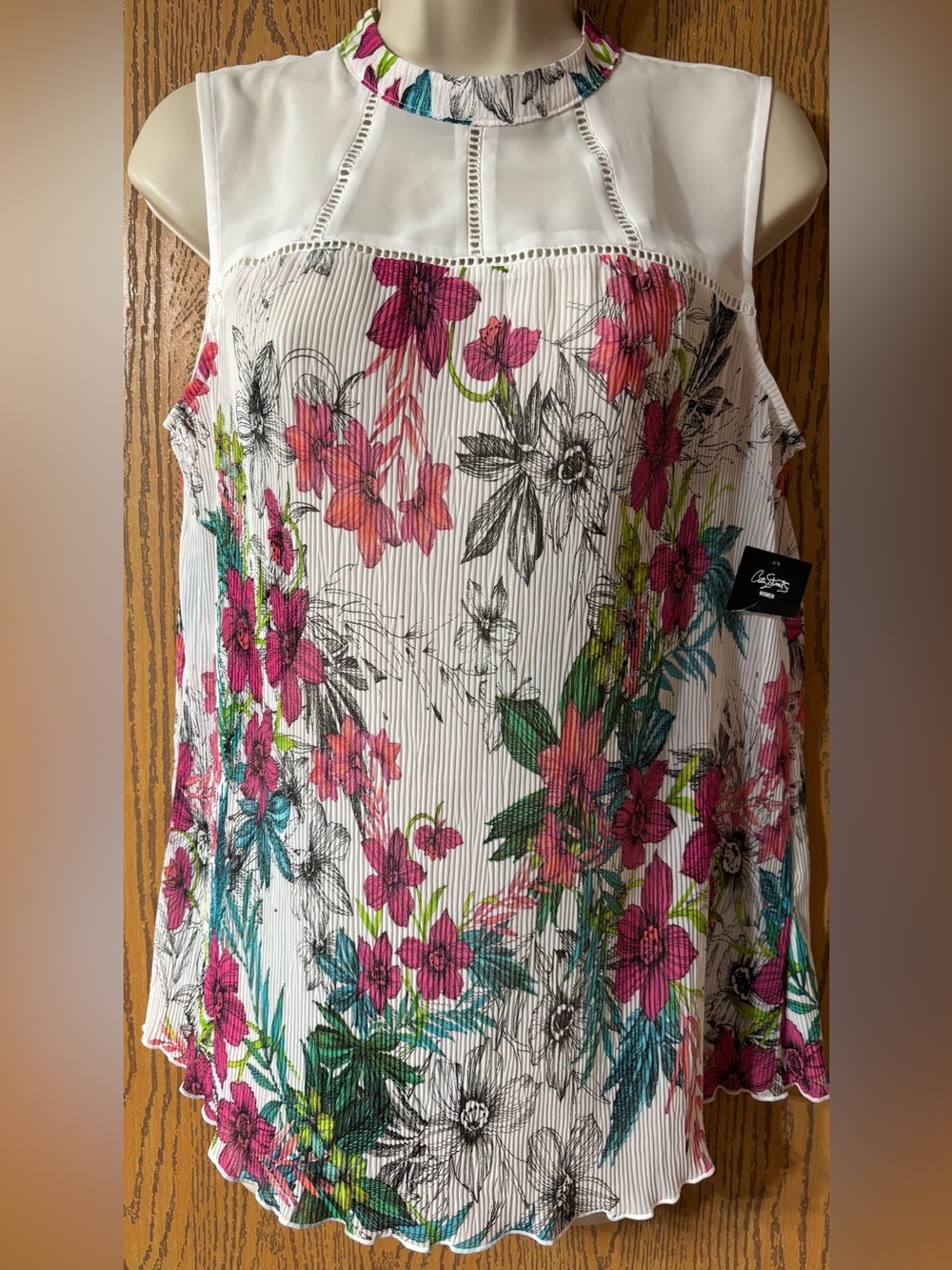 City Streets White Floral Pleated Cami with Pink & Teal Flowers